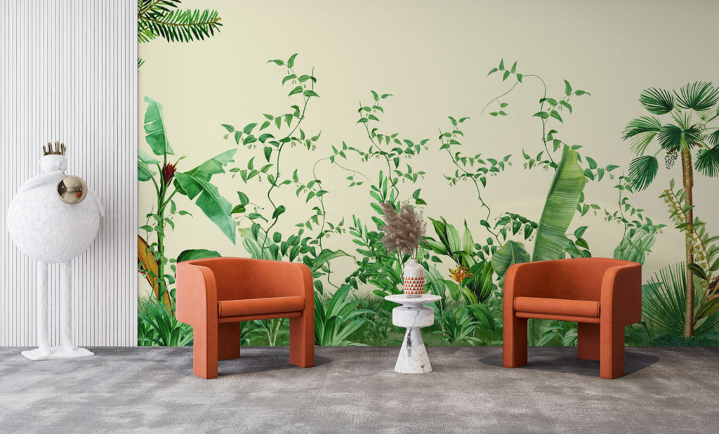 Tropical Jungle Leaves Wallpaper : Green Vines Cream Mural - View 5