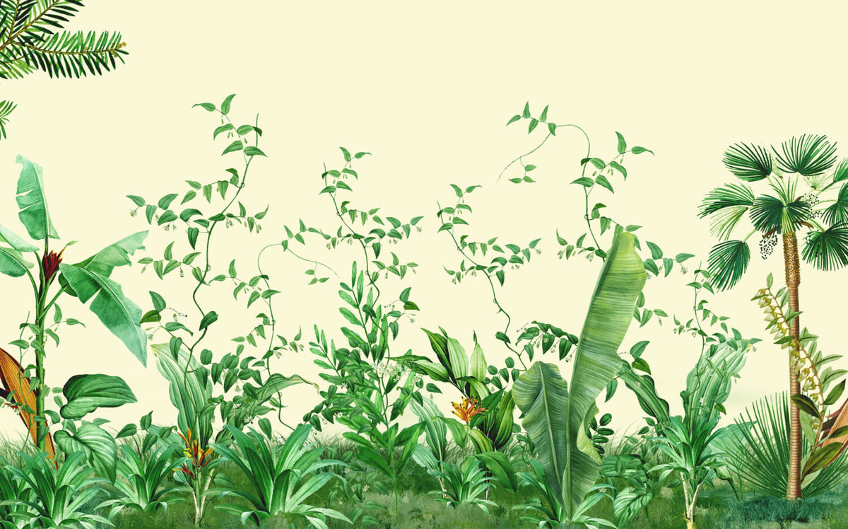 Tropical Jungle Leaves Wallpaper : Green Vines Cream Mural - flat design