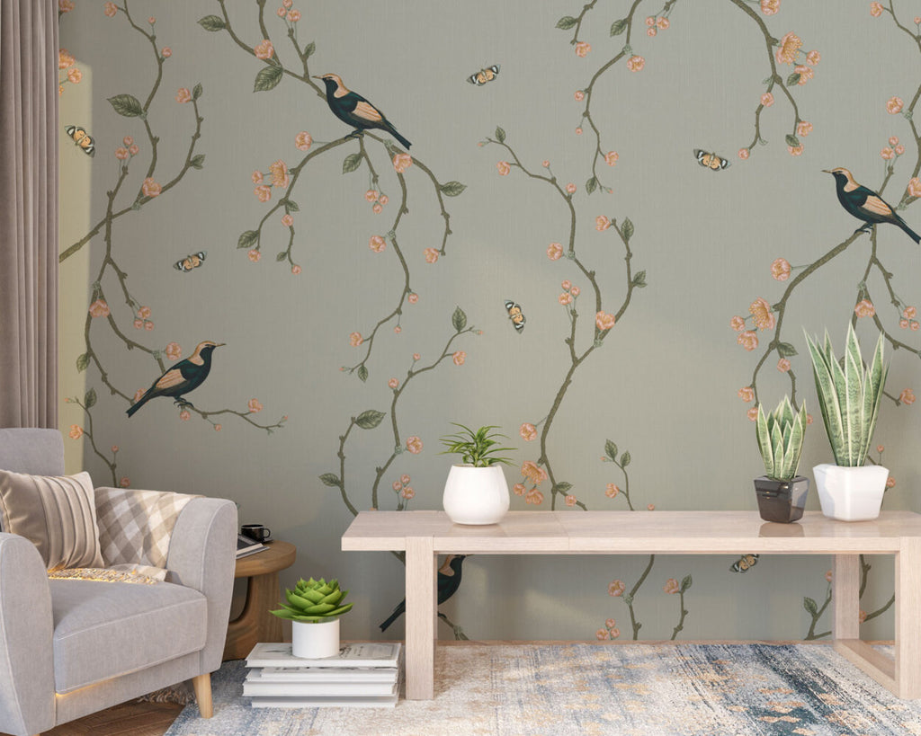 Sage Chinoiserie Bird Wallpaper : Blossom Vine Pattern - View 2