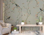 Sage Chinoiserie Bird Wallpaper : Blossom Vine Pattern - View 2