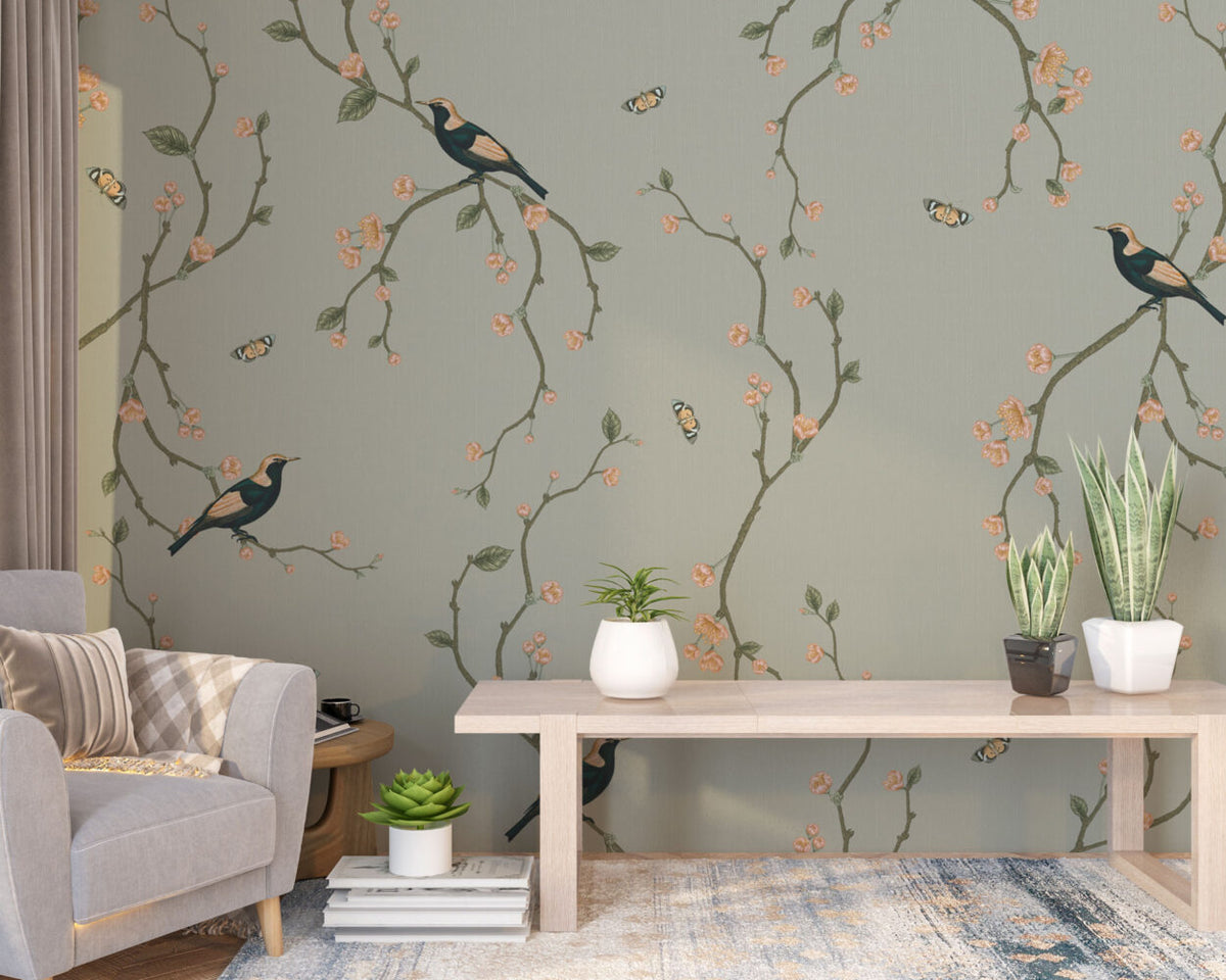 Sage Chinoiserie Bird Wallpaper : Blossom Vine Pattern - View 2