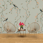 Sage Chinoiserie Bird Wallpaper : Blossom Vine Pattern - View 3