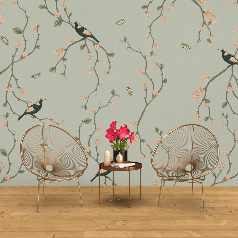 Sage Chinoiserie Bird Wallpaper : Blossom Vine Pattern - View 3