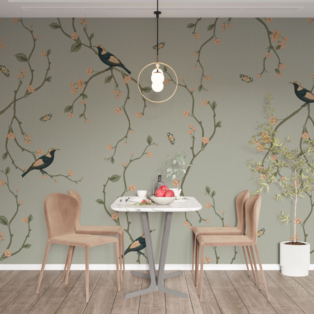 Sage Chinoiserie Bird Wallpaper : Blossom Vine Pattern - View 4