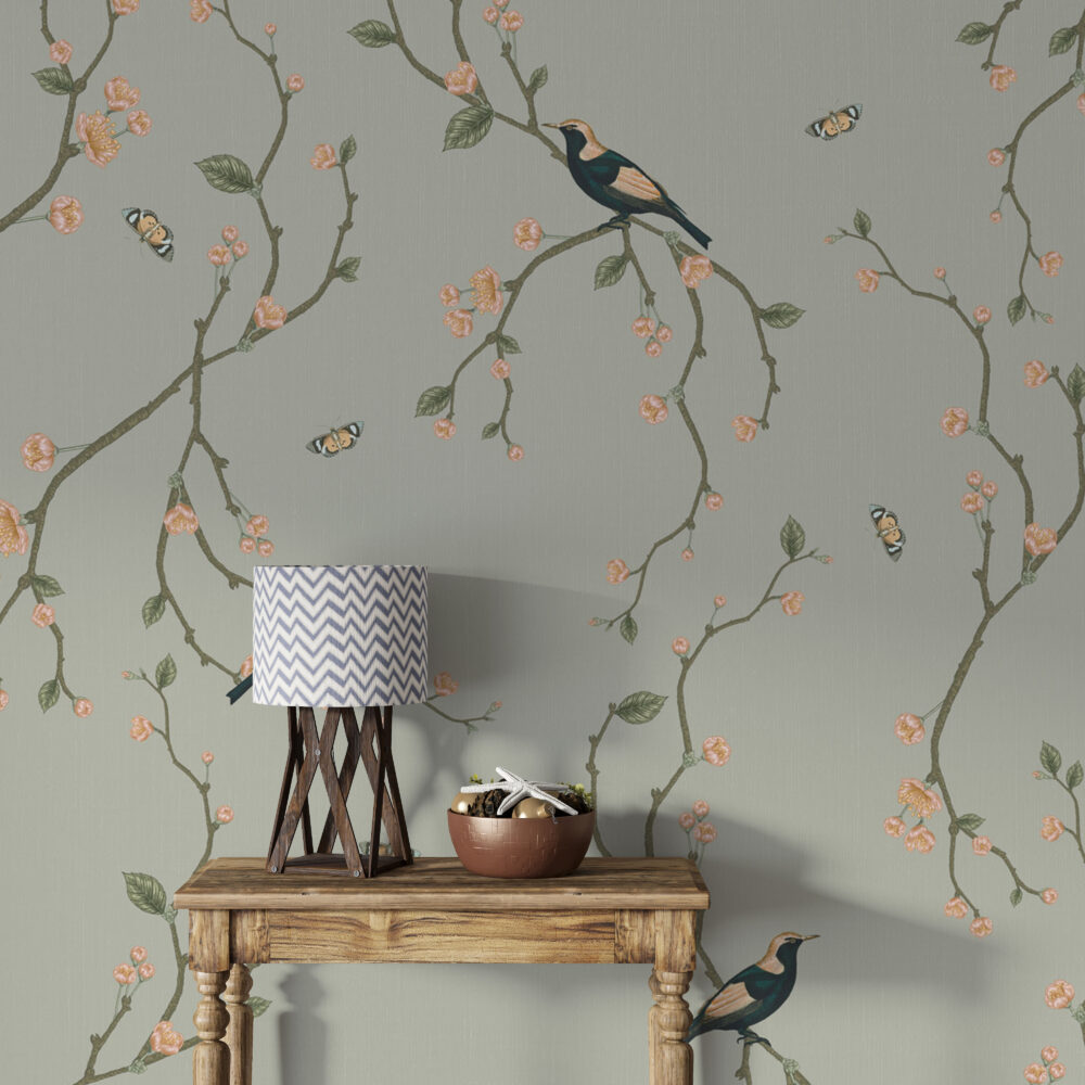 Sage Chinoiserie Bird Wallpaper : Blossom Vine Pattern