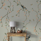 Sage Chinoiserie Bird Wallpaper : Blossom Vine Pattern