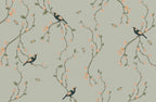 Sage Chinoiserie Bird Wallpaper : Blossom Vine Pattern - flat design