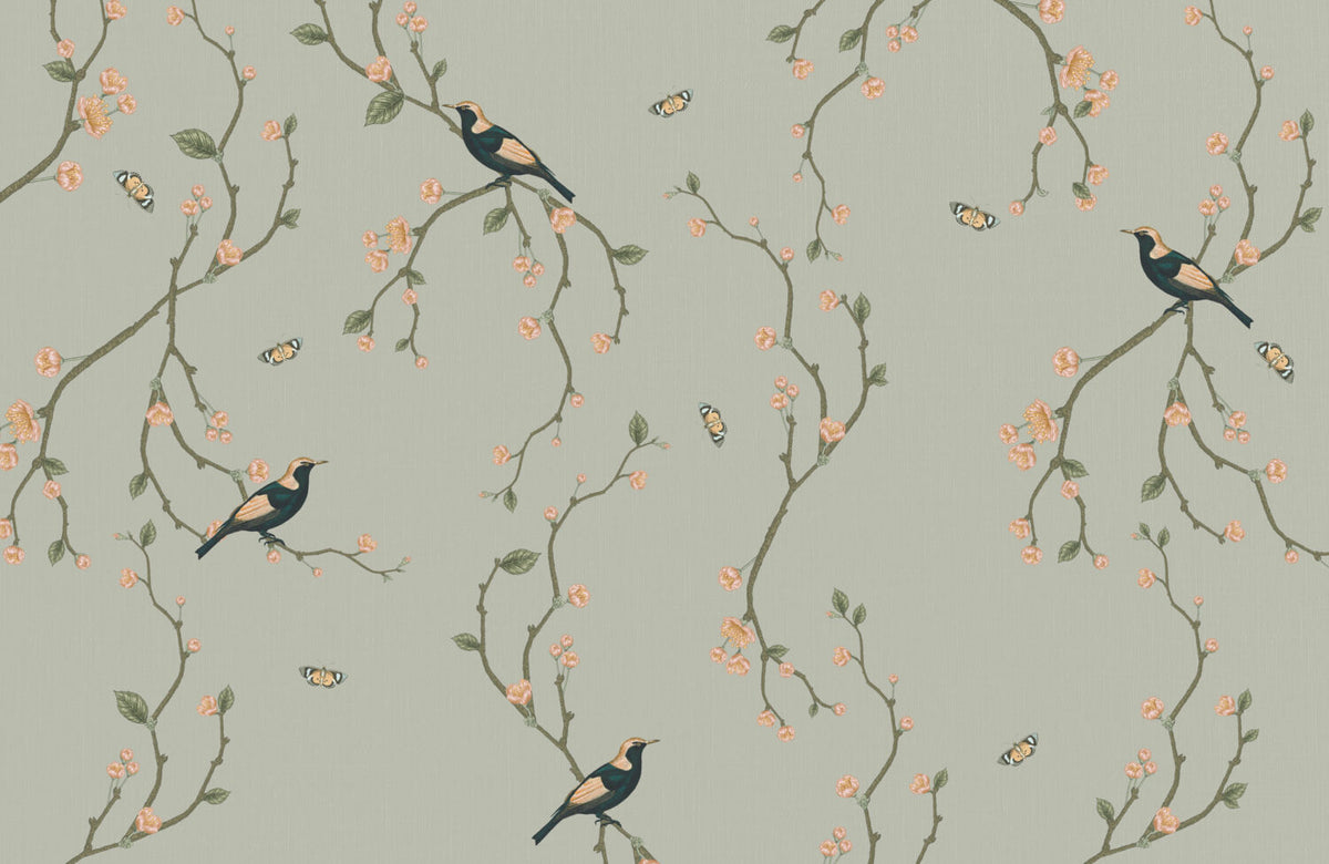 Sage Chinoiserie Bird Wallpaper : Blossom Vine Pattern - flat design