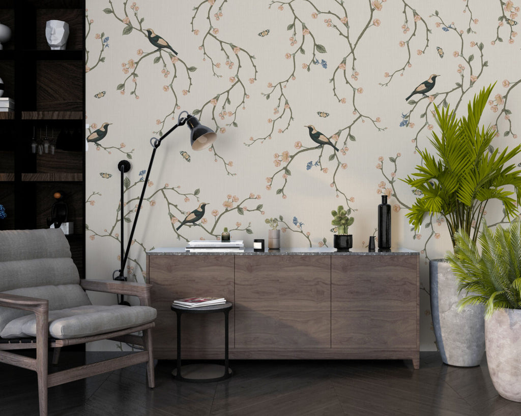 Beige Cherry Blossom Bird Wallpaper : Chinoiserie Branch Pattern - View 6