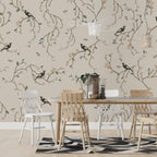 Beige Cherry Blossom Bird Wallpaper : Chinoiserie Branch Pattern