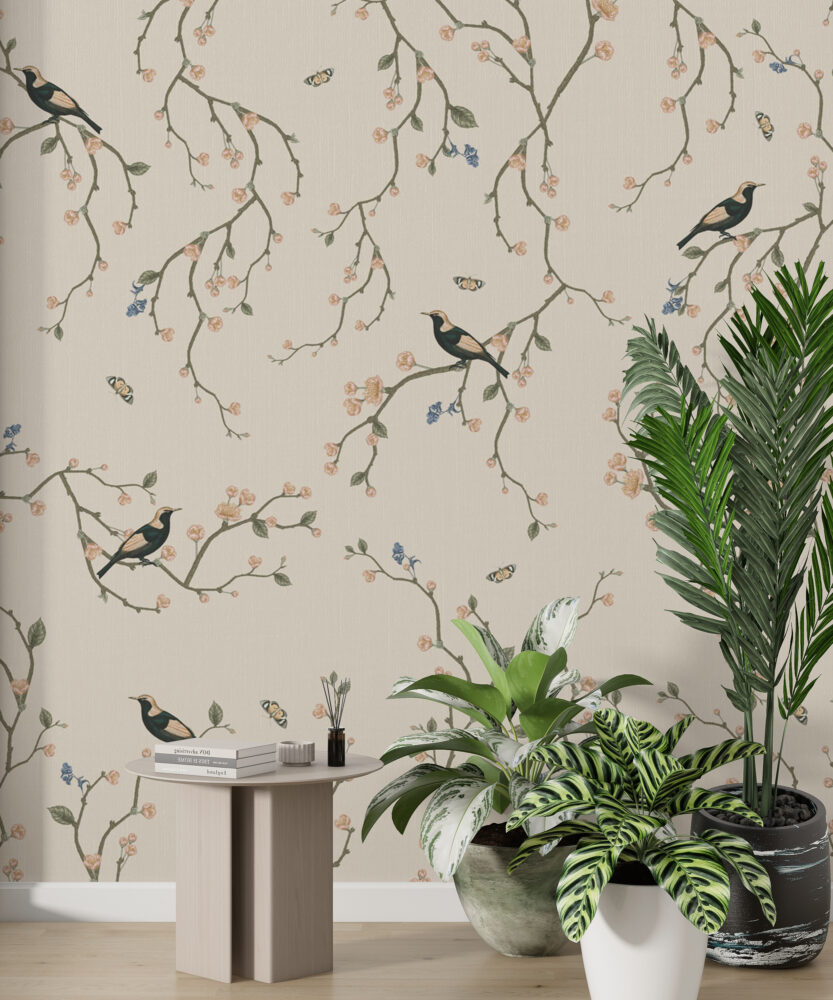 Beige Cherry Blossom Bird Wallpaper : Chinoiserie Branch Pattern - View 5