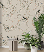 Beige Cherry Blossom Bird Wallpaper : Chinoiserie Branch Pattern - View 5