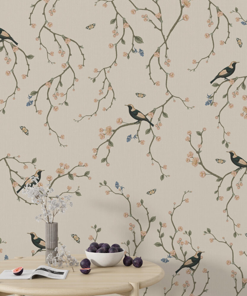 Beige Cherry Blossom Bird Wallpaper : Chinoiserie Branch Pattern - View 4
