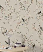 Beige Cherry Blossom Bird Wallpaper : Chinoiserie Branch Pattern - View 4
