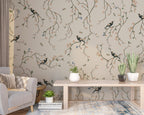 Beige Cherry Blossom Bird Wallpaper : Chinoiserie Branch Pattern - View 3