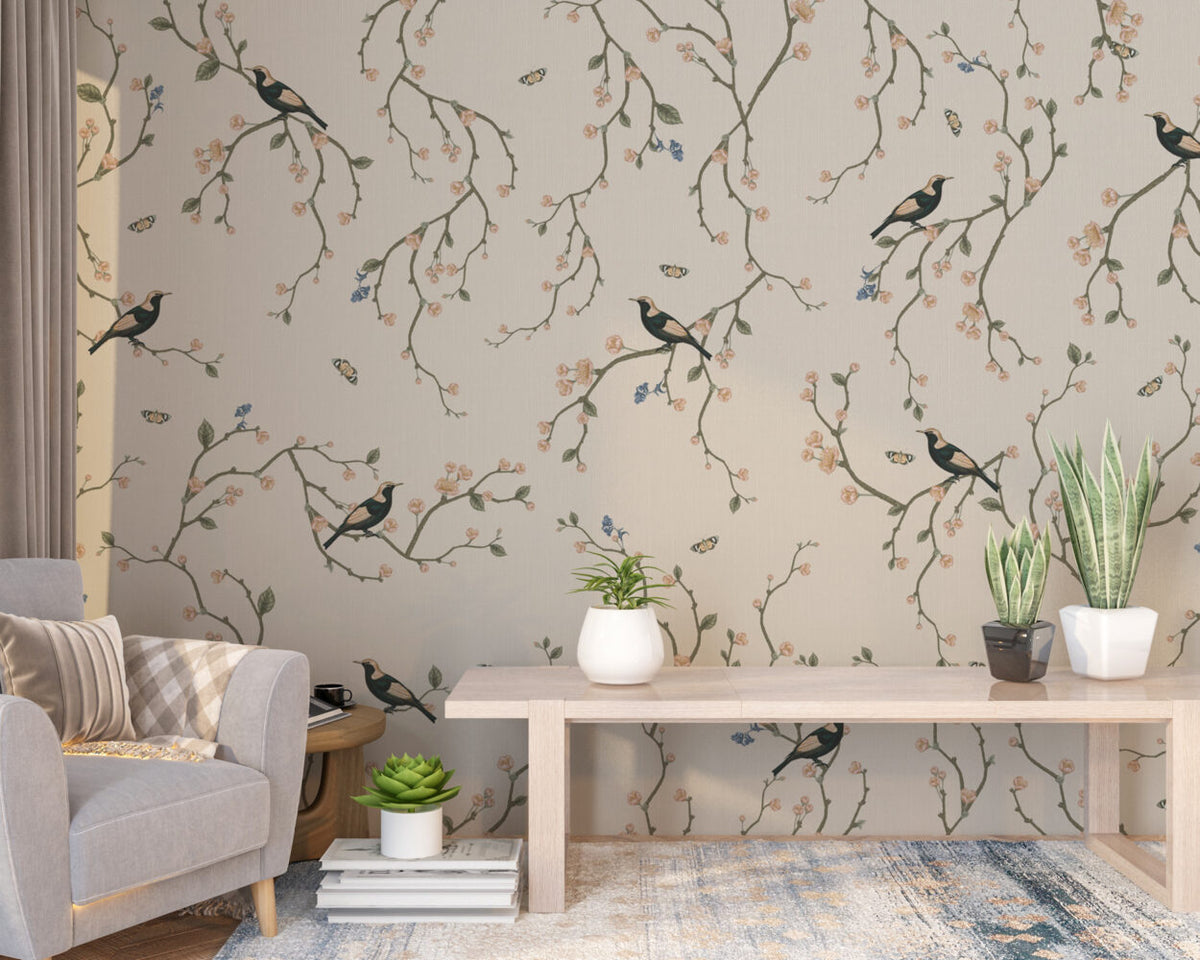Beige Cherry Blossom Bird Wallpaper : Chinoiserie Branch Pattern - View 3