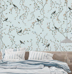 Blue Cherry Blossom Bird Wallpaper : Chinoiserie Branch Pattern - View 6