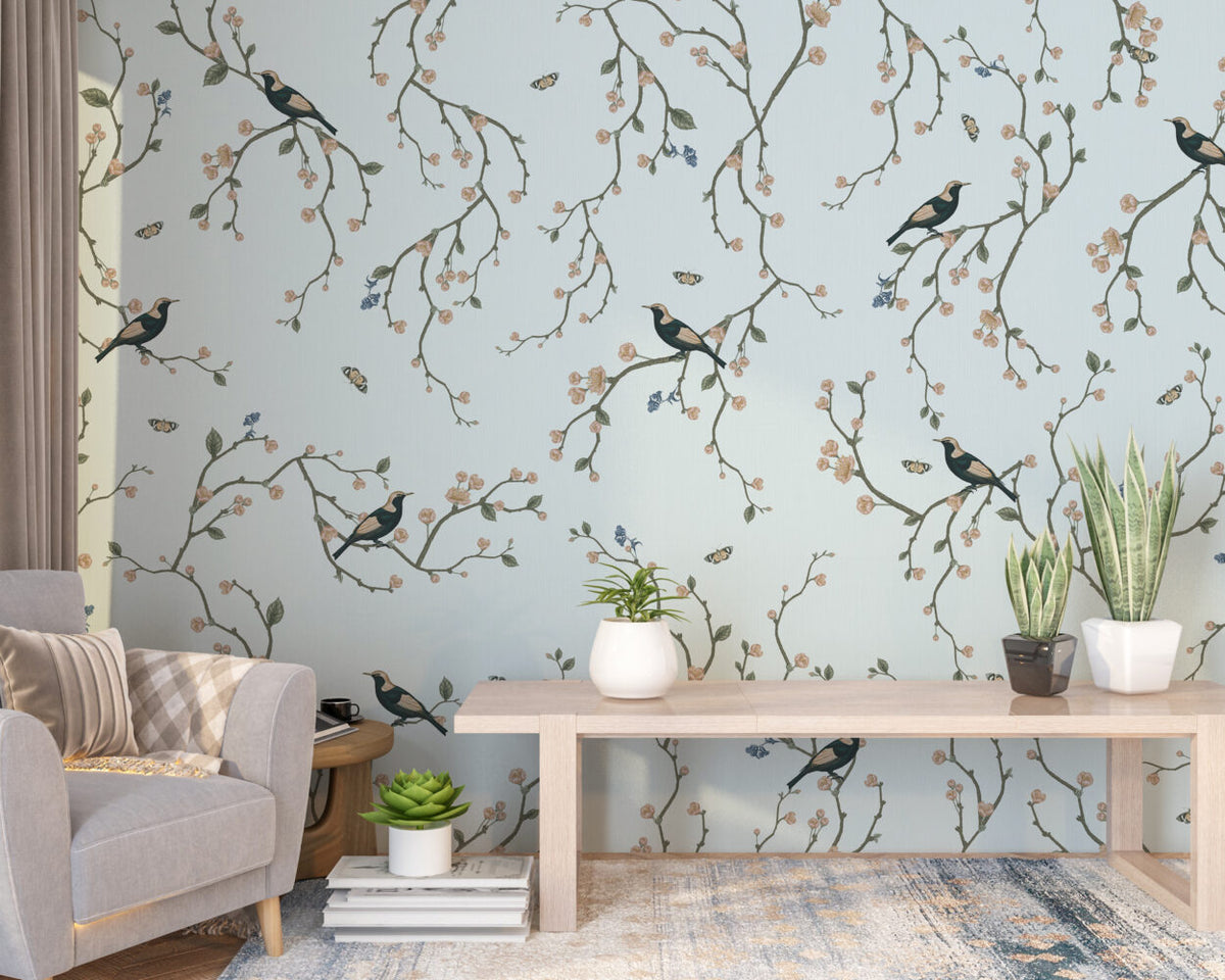 Blue Cherry Blossom Bird Wallpaper : Chinoiserie Branch Pattern - View 5