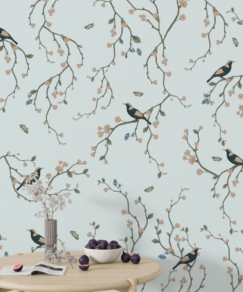 Blue Cherry Blossom Bird Wallpaper : Chinoiserie Branch Pattern - View 4
