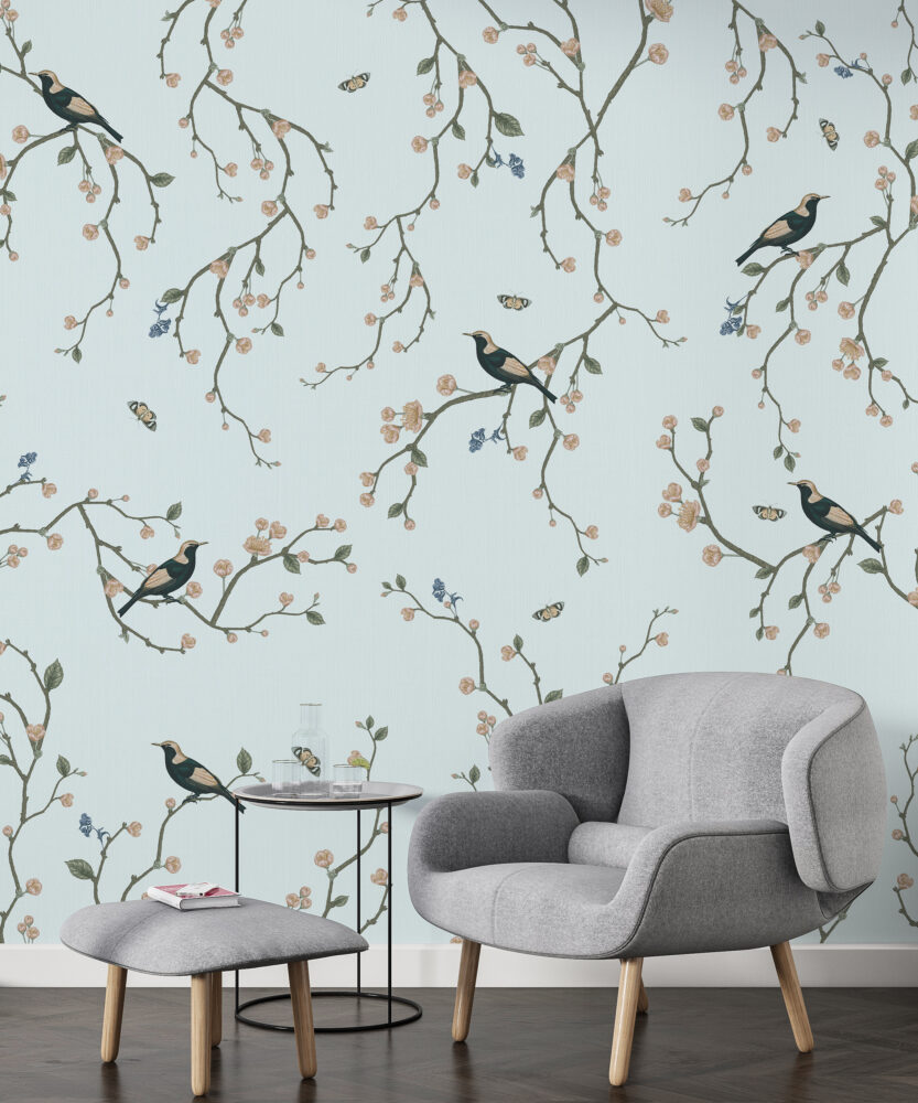 Blue Cherry Blossom Bird Wallpaper : Chinoiserie Branch Pattern - View 3