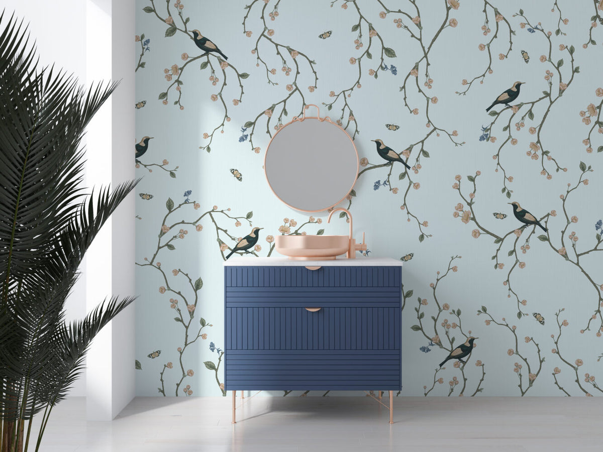 Blue Cherry Blossom Bird Wallpaper : Chinoiserie Branch Pattern