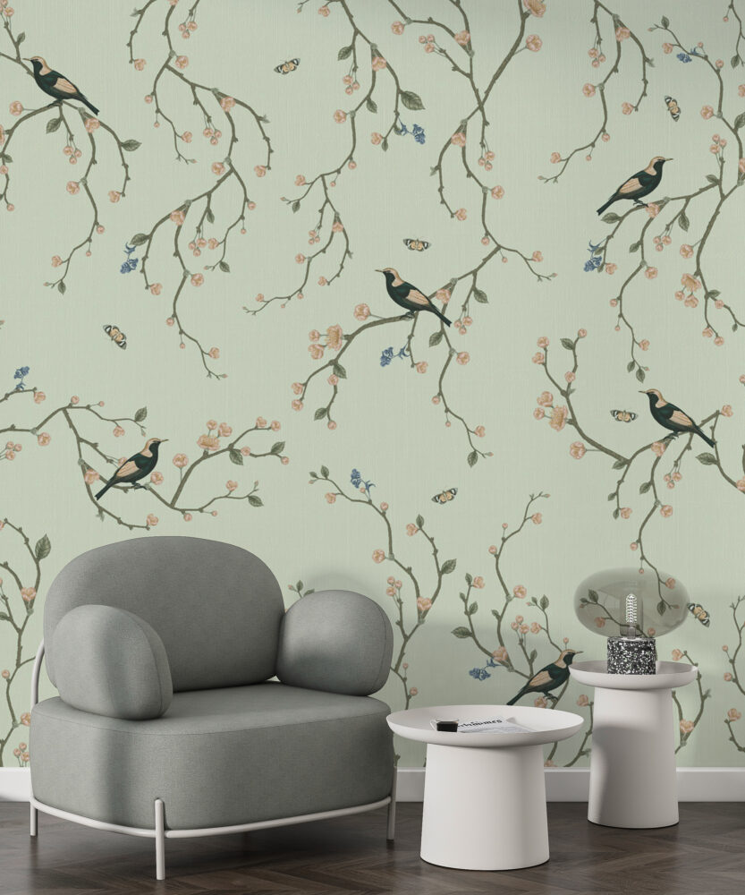 Green Cherry Blossom Bird Wallpaper : Chinoiserie Branch Pattern - View 6