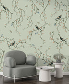 Green Cherry Blossom Bird Wallpaper : Chinoiserie Branch Pattern - View 6