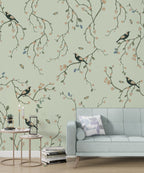 Green Cherry Blossom Bird Wallpaper : Chinoiserie Branch Pattern - View 5