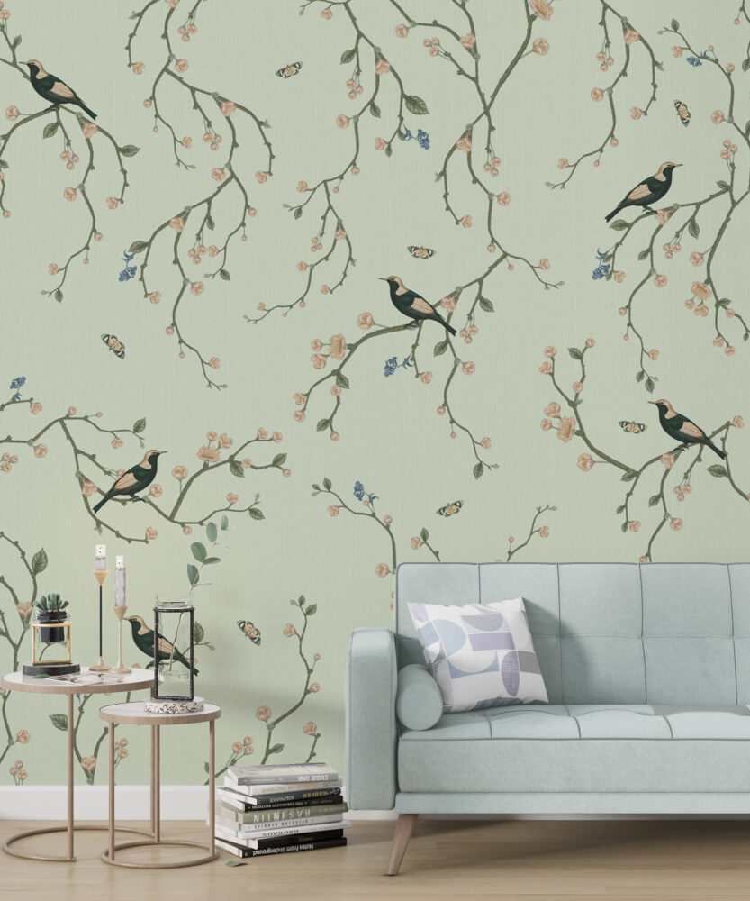Green Cherry Blossom Bird Wallpaper : Chinoiserie Branch Pattern - View 5