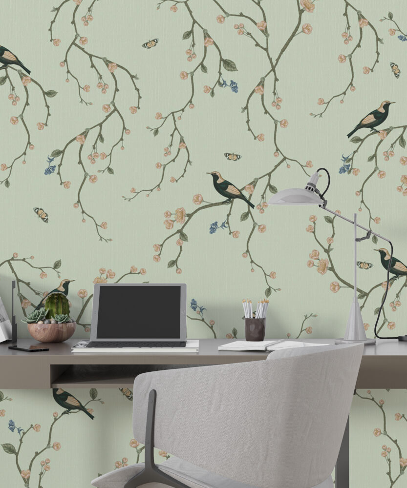 Green Cherry Blossom Bird Wallpaper : Chinoiserie Branch Pattern - View 4