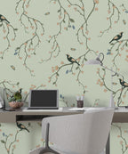 Green Cherry Blossom Bird Wallpaper : Chinoiserie Branch Pattern - View 4