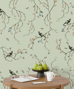 Green Cherry Blossom Bird Wallpaper : Chinoiserie Branch Pattern - View 3