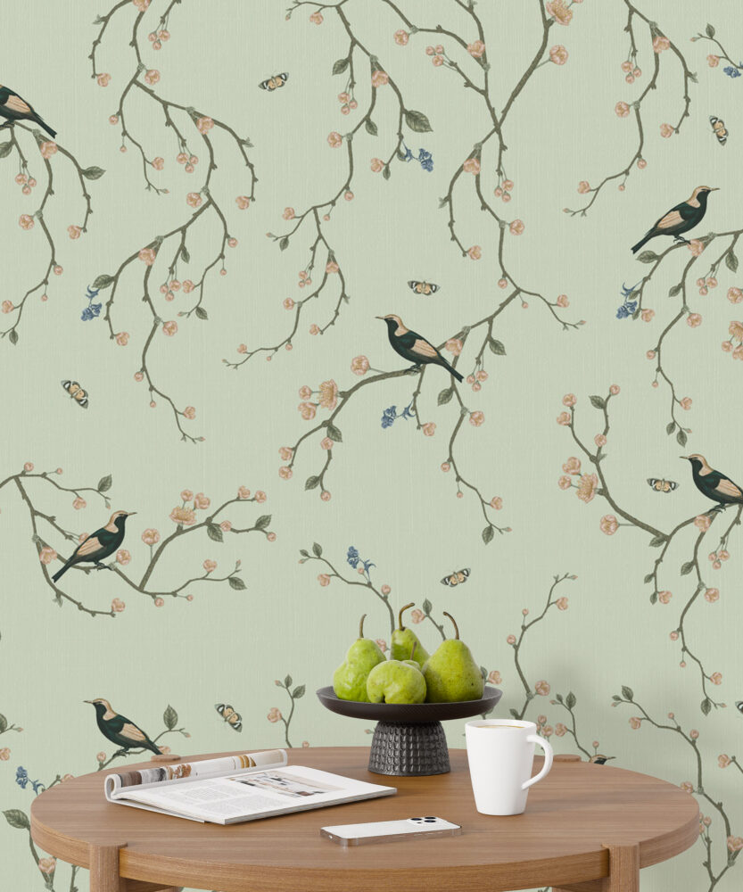 Green Cherry Blossom Bird Wallpaper : Chinoiserie Branch Pattern - View 3