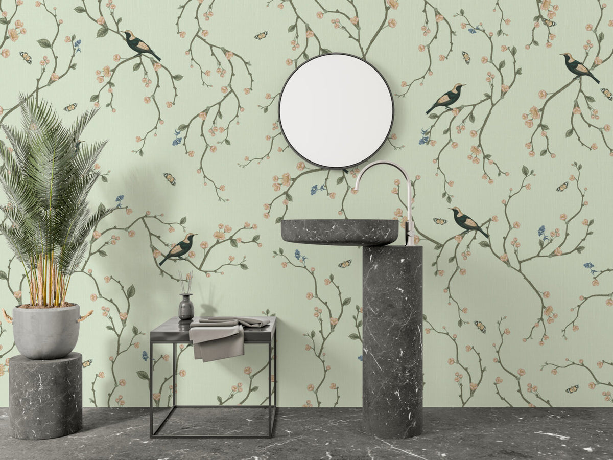 Green Cherry Blossom Bird Wallpaper : Chinoiserie Branch Pattern