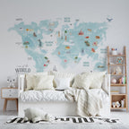 Turquoise Animal World Map Wallpaper : Watercolour Kids Map Mural - View 3