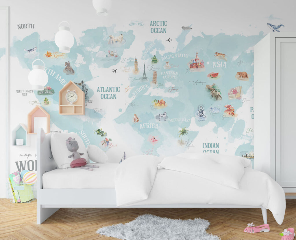 Turquoise Animal World Map Wallpaper : Watercolour Kids Map Mural