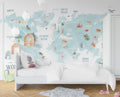 Turquoise Animal World Map Wallpaper : Watercolour Kids Map Mural