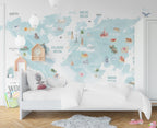 Turquoise Animal World Map Wallpaper : Watercolour Kids Map Mural