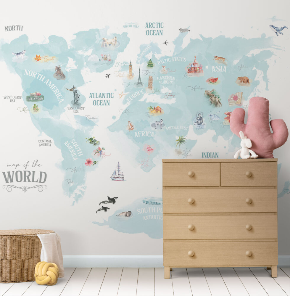 Turquoise Animal World Map Wallpaper : Watercolour Kids Map Mural - View 4