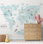 Turquoise Animal World Map Wallpaper : Watercolour Kids Map Mural - View 4