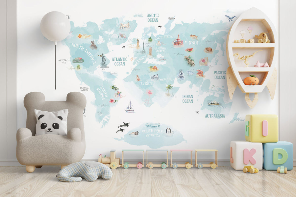 Turquoise Animal World Map Wallpaper : Watercolour Kids Map Mural - View 5