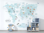 Turquoise Animal World Map Wallpaper : Watercolour Kids Map Mural - View 6