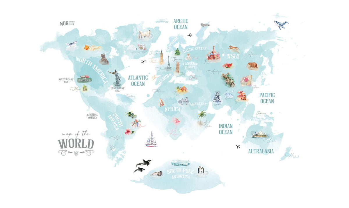 Turquoise Animal World Map Wallpaper : Watercolour Kids Map Mural - View 2