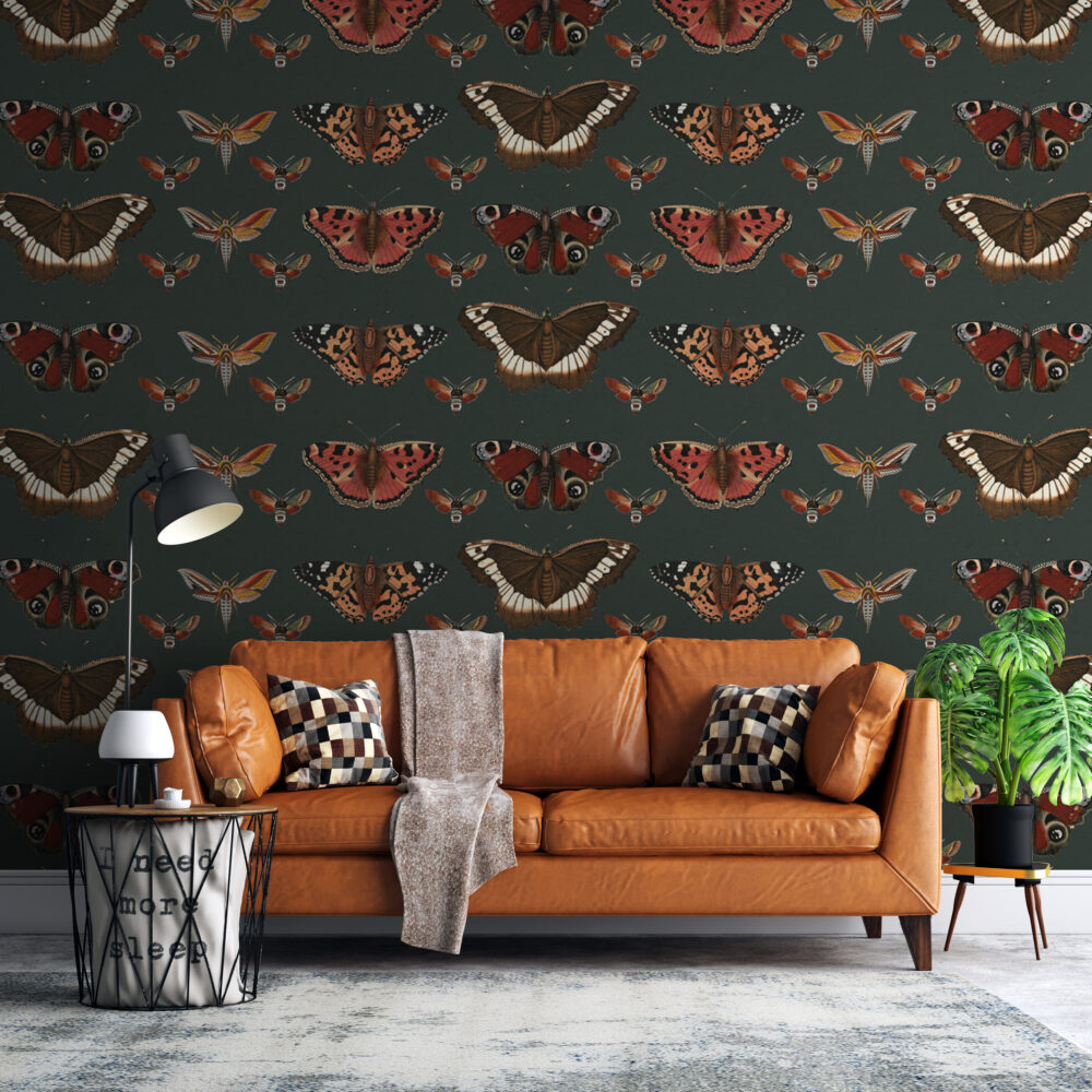 Vintage Butterfly Moth Wallpaper : Dark Green Specimen Pattern - View 3