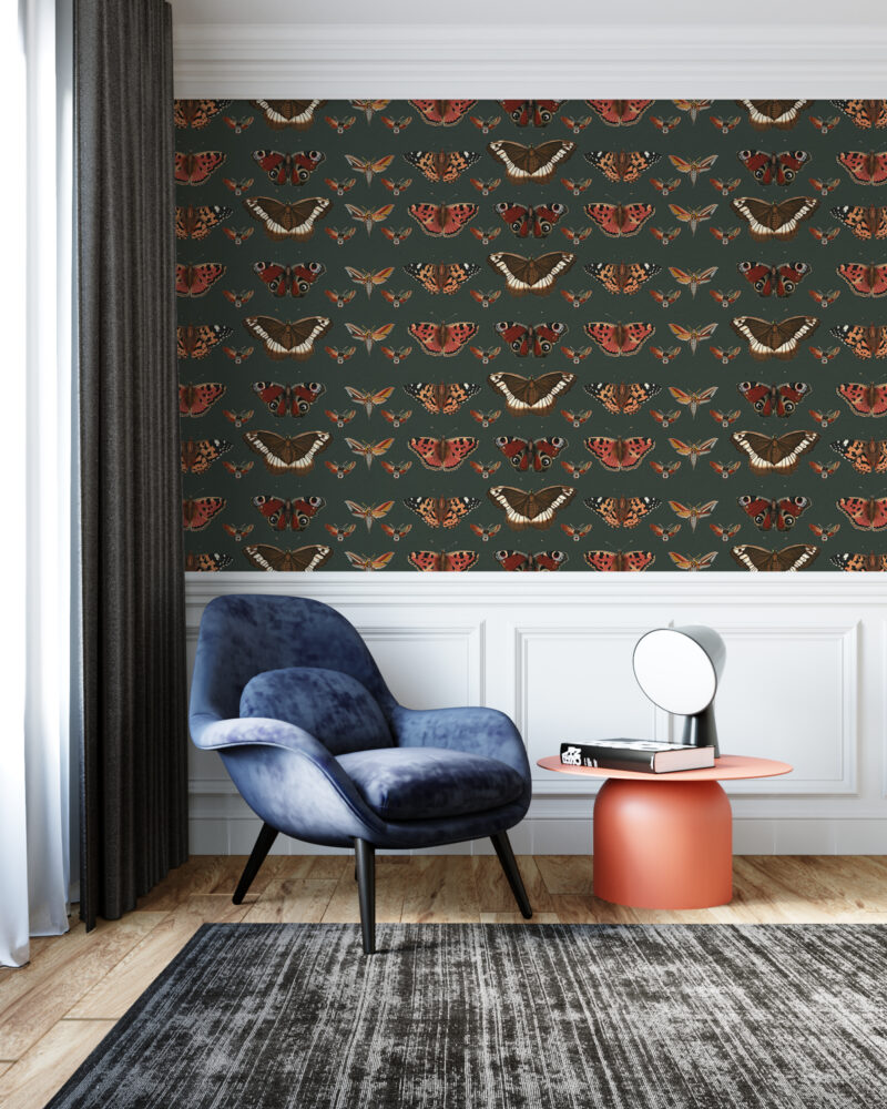 Vintage Butterfly Moth Wallpaper : Dark Green Specimen Pattern - View 2
