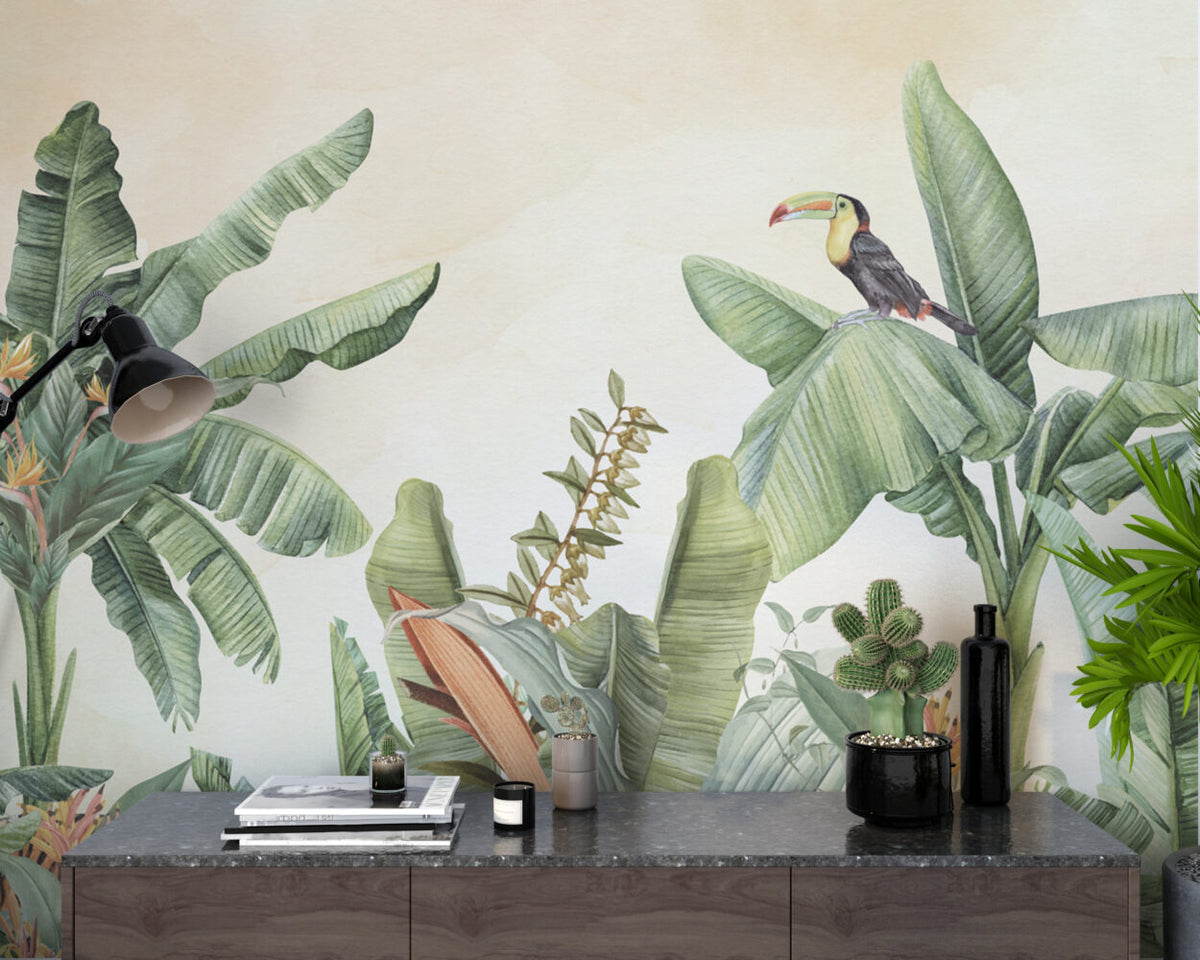 Banana Leaf Toucan Wallpaper : Tropical Animal Jungle Mural - View 4