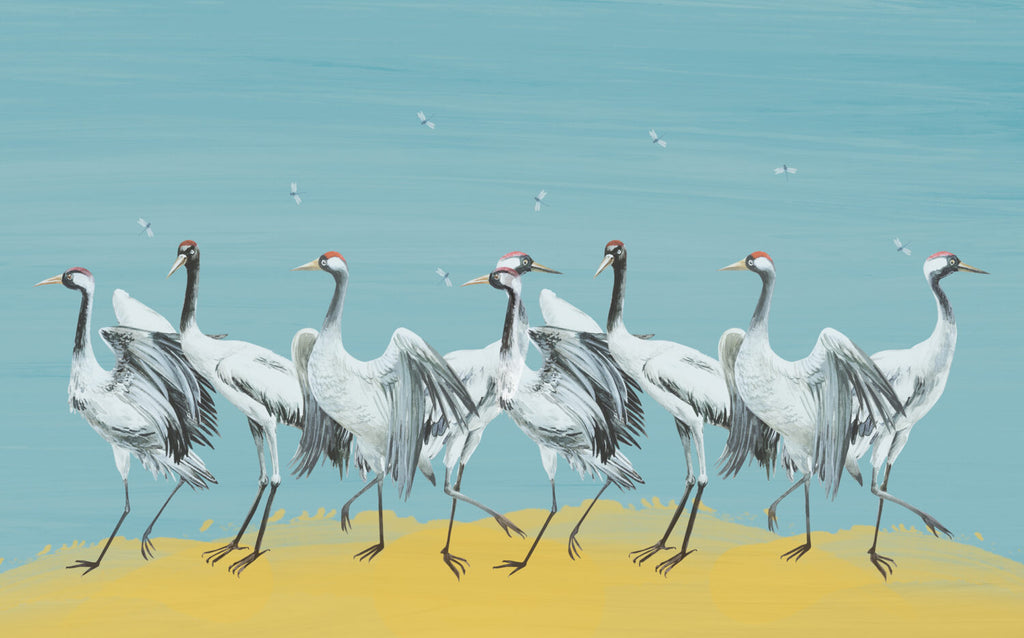 Blue Crane Wallpaper : Painted Red-Crowned Cranes Mural - View 2