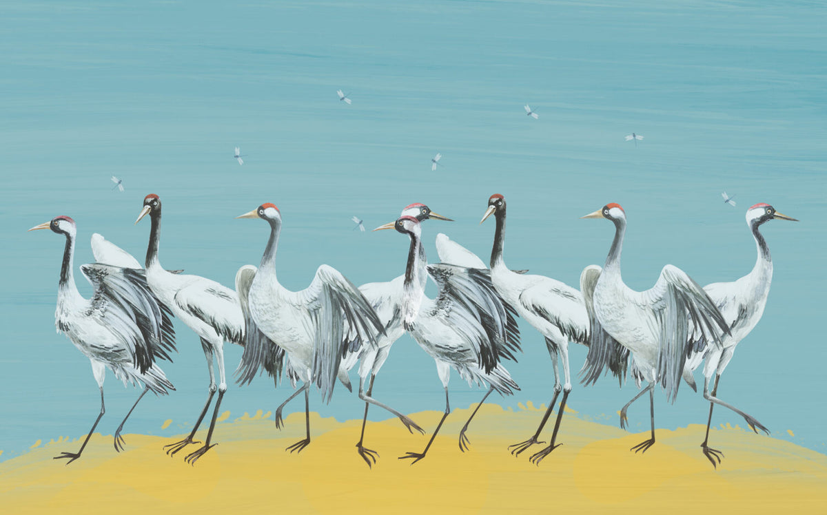 Blue Crane Wallpaper : Painted Red-Crowned Cranes Mural - View 2