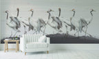 White Crane Wallpaper : Painted Red-Crowned Cranes Mural - View 6