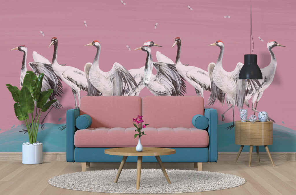 Pink Crane Wallpaper : Painted Red-Crowned Cranes Mural - View 6